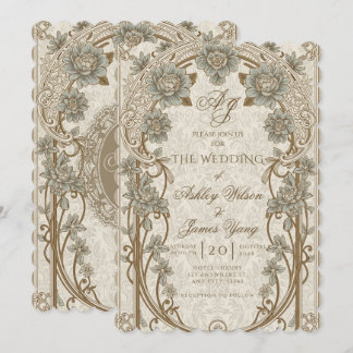 Invitación de boda floral azul dorada botánica
