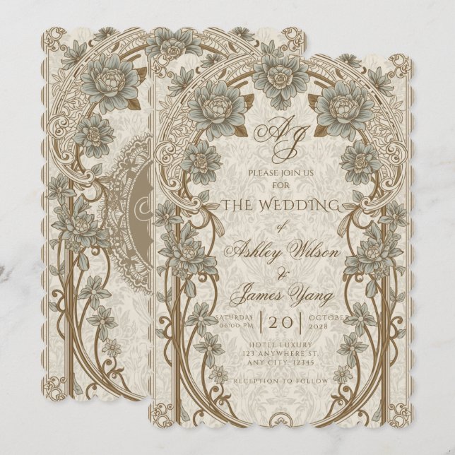Invitación de boda floral azul dorada botánica (Anverso / Reverso)