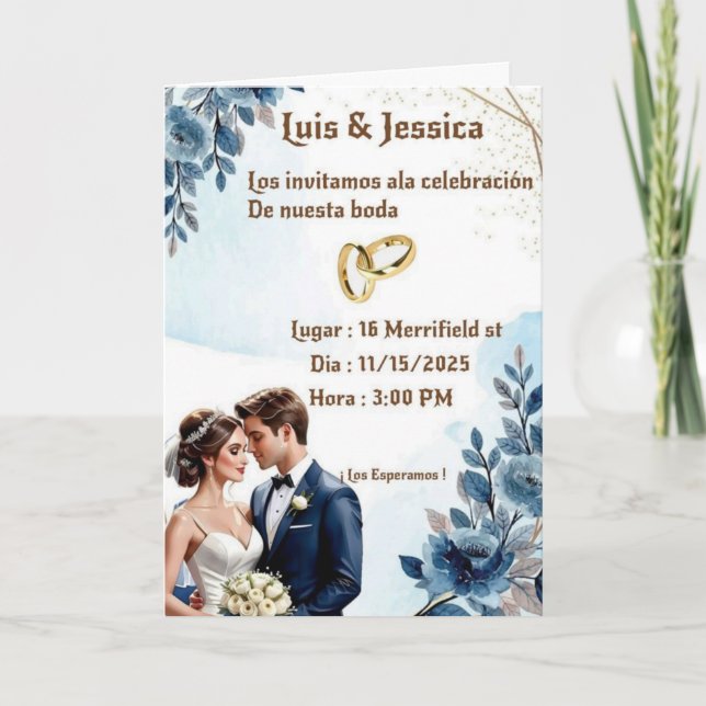 Invitación de boda floral azul elegante (Anverso)