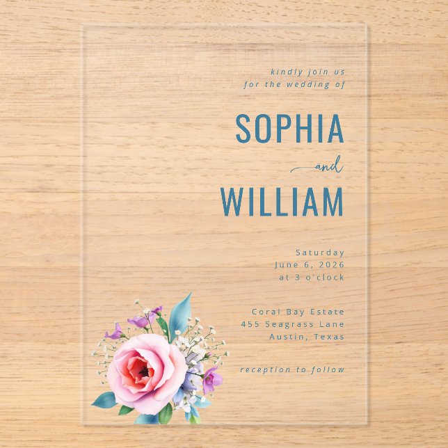 Invitación de boda floral azul elegante (Anverso)