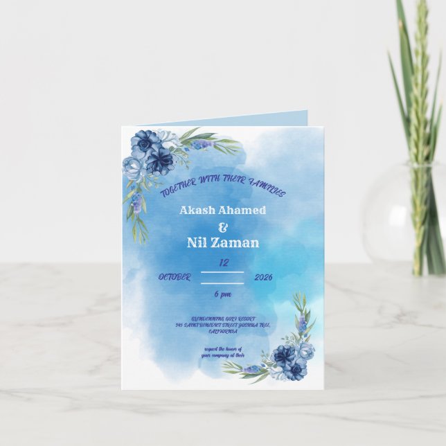 Invitación de boda floral azul elegante (Anverso)
