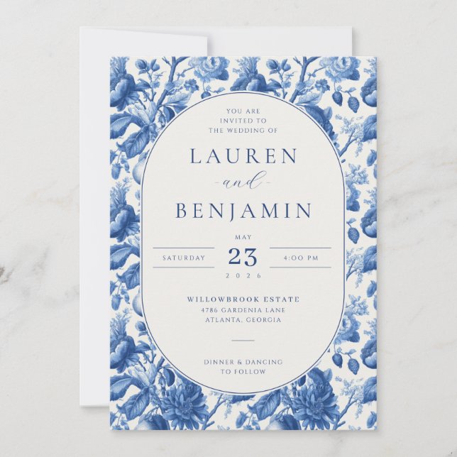 Invitación de boda floral azul elegante (Anverso)
