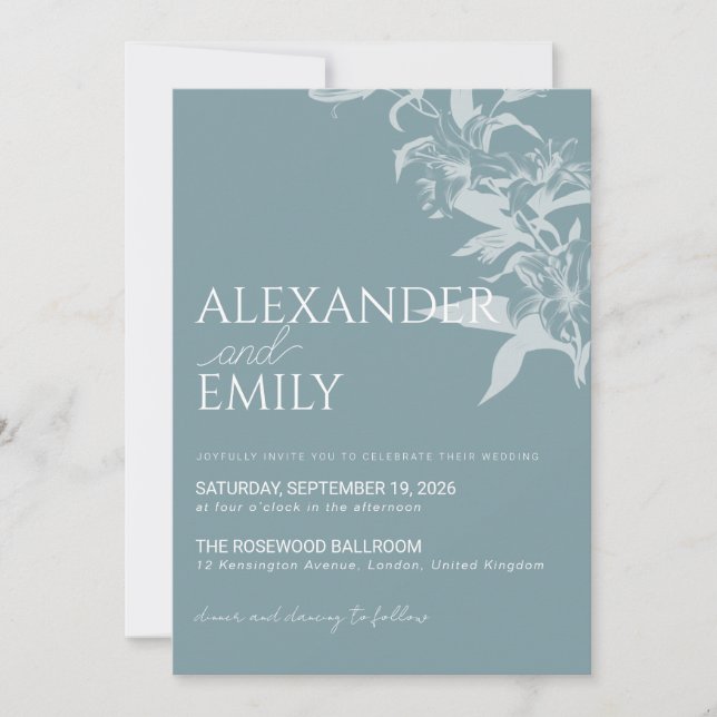 Invitación de boda floral azul elegante (Anverso)