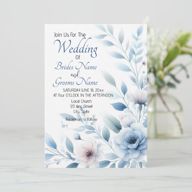 Invitación de Boda Floral Azul Elegante (Anverso de pie)