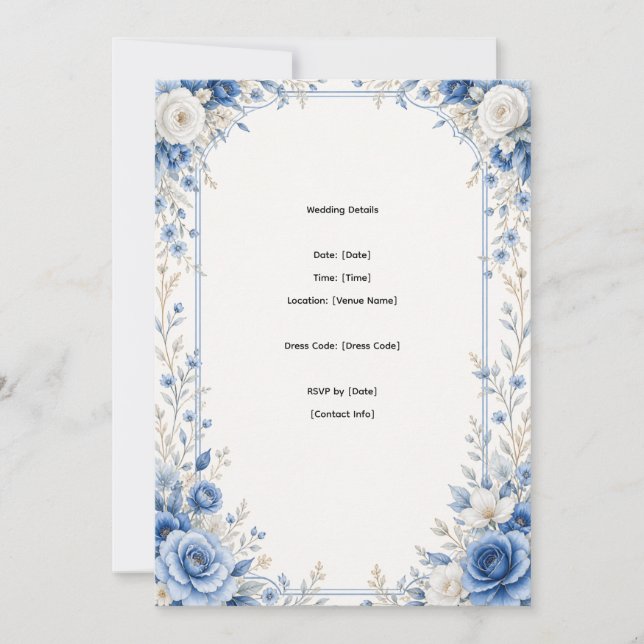 Invitación de Boda Floral Azul Elegante (Anverso)