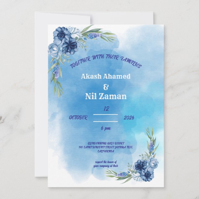 Invitación de boda floral azul elegante (Anverso)