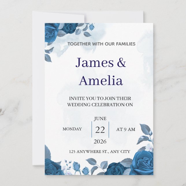 Invitación de boda floral azul elegante (Anverso)