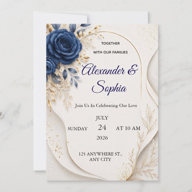 Invitación de boda floral azul elegante (Anverso)