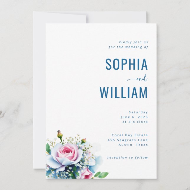 Invitación de Boda Floral Azul Elegante (Anverso)