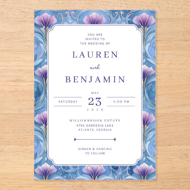 Invitación de boda floral azul elegante (Anverso)