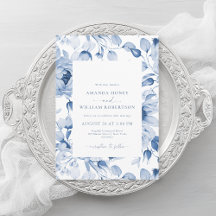 Invitación de boda floral azul elegante