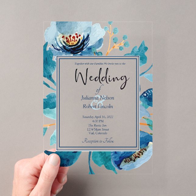 Invitación de boda floral azul elegante (Insitu (portátil))