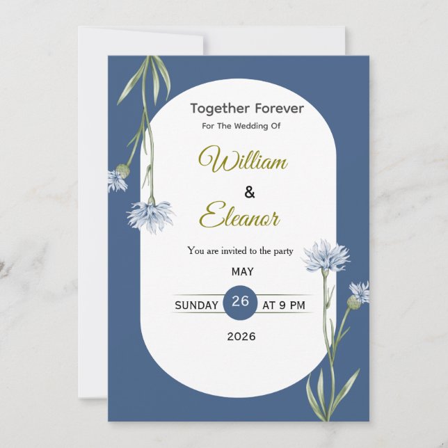 Invitación de boda floral azul elegante (Anverso)