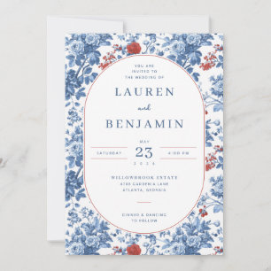 Invitación de boda floral azul elegante