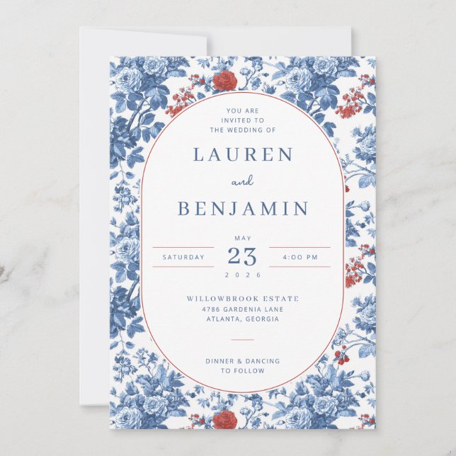 Invitación de boda floral azul elegante (Anverso)
