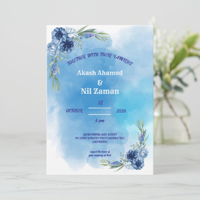 Invitación de boda floral azul elegante (Anverso de pie)