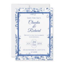 Invitación de boda floral azul elegante