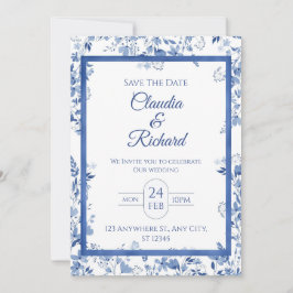 Invitación de boda floral azul elegante