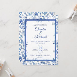 Invitación de boda floral azul elegante