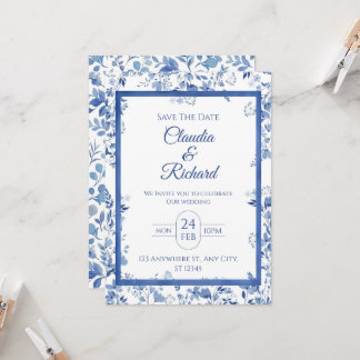 Invitación de boda floral azul elegante