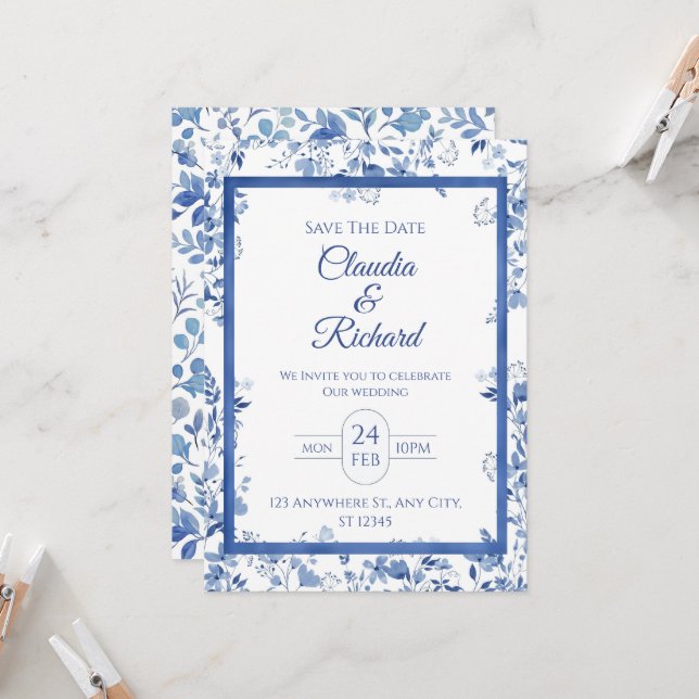 Invitación de boda floral azul elegante (Anverso/Reverso In Situ)