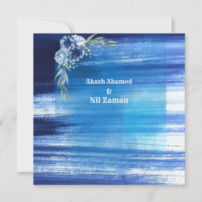 Invitación de boda floral azul elegante (Anverso)