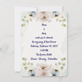 Invitación de boda floral azul elegante con acuare