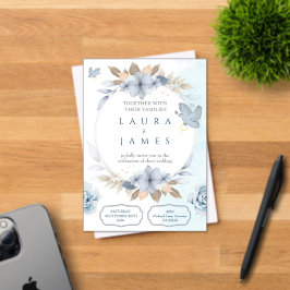 Invitación de boda floral azul elegante con paloma