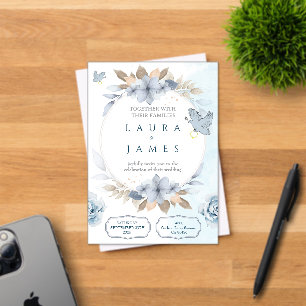 Invitación de boda floral azul elegante con paloma