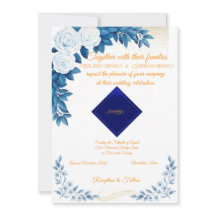 Invitación de boda floral azul elegante en blanco