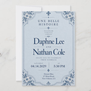 Invitación de boda floral azul francés
