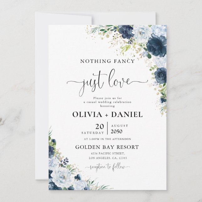 Invitación de boda floral azul marino (Anverso)