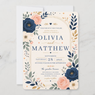 Invitación de boda floral azul marino