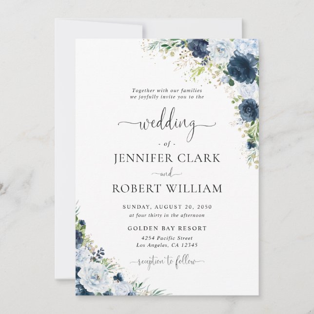Invitación de boda floral azul marino (Anverso)