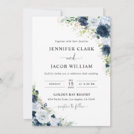 Invitación de boda floral azul marino