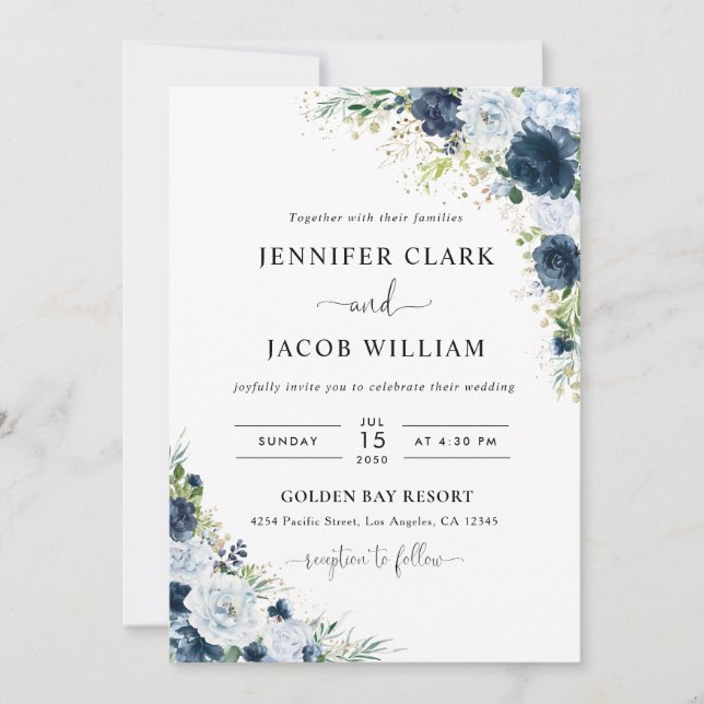 Invitación de boda floral azul marino (Anverso)