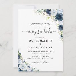 Invitación de boda floral azul marino