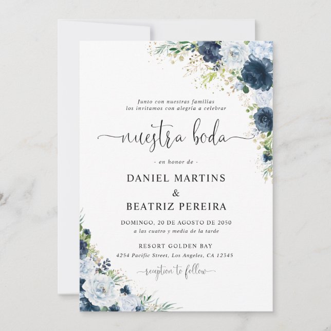 Invitación de boda floral azul marino (Anverso)