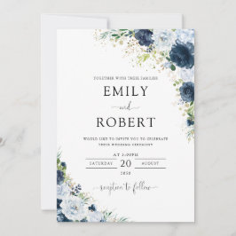 Invitación de boda floral azul marino