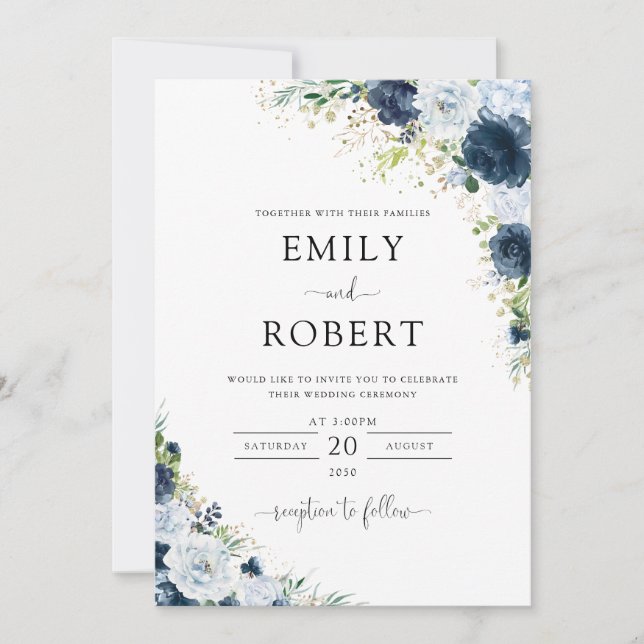 Invitación de boda floral azul marino (Anverso)
