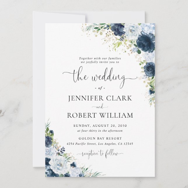Invitación de boda floral azul marino (Anverso)