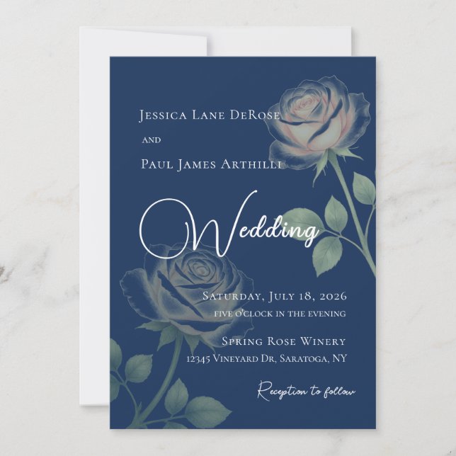 Invitación de boda floral azul marino (Anverso)