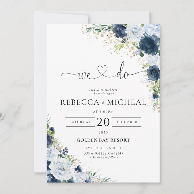 Invitación de boda floral azul marino (Anverso)