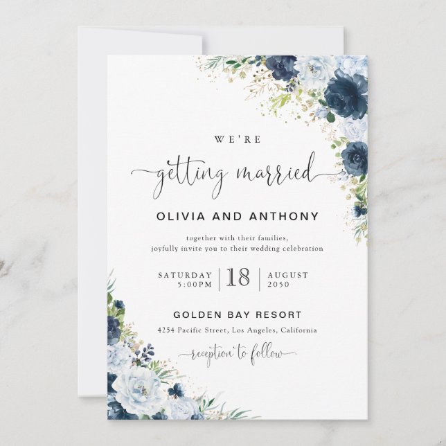 Invitación de boda floral azul marino (Anverso)