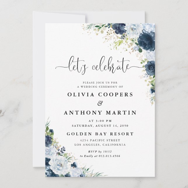 Invitación de boda floral azul marino (Anverso)