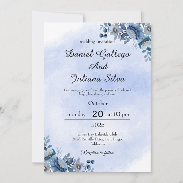 Invitación de boda floral azul marino (Anverso)