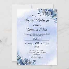 Invitación de boda floral azul marino