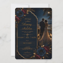 Invitación de boda floral azul marino de lujo