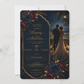 Invitación de boda floral azul marino de lujo