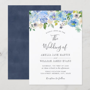 Invitación de boda floral azul marino elegante
